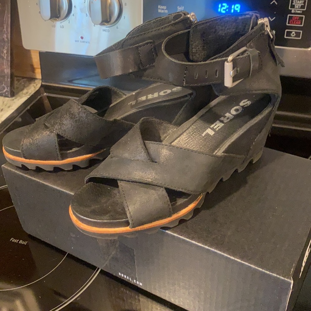 Sorel Black Leather Wedge Sandals with Tan Trim